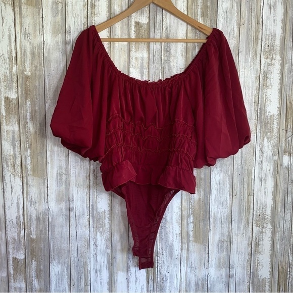 entro Tops - Entro Red Puff Sleeve Mesh Bodysuit
